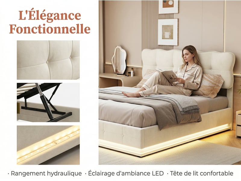  Lit coffre 160x200 cm - lit 2 places velours beige -avec led - sommier à lattes en bois  - Conforama E