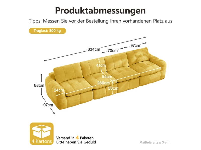 Canapé droit modulable 4 places en chenille jaune – 334 x 97 x 68 cm Fay Lum - Conforama C