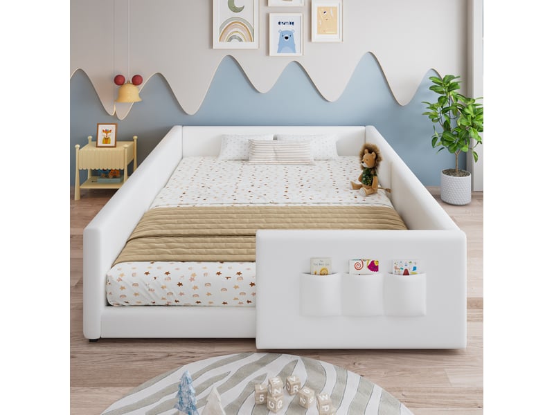  Lit enfant 140x200 cm avec 3 poches de rangement, design entouré, en tissu, blanc, sans matelas  - Conforama C