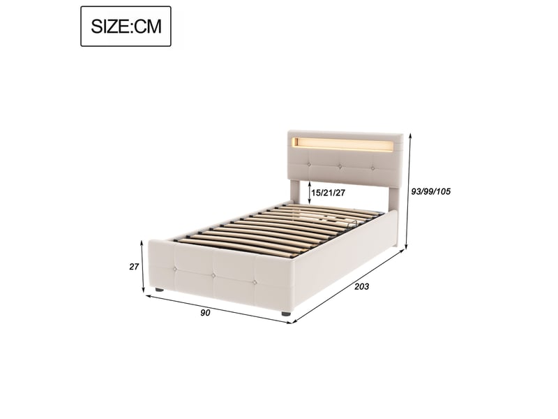  Modenvie lit enfant coffre 90x200 cm - avec led et rangement hydraulique, sans matelas - beige  - Conforama C