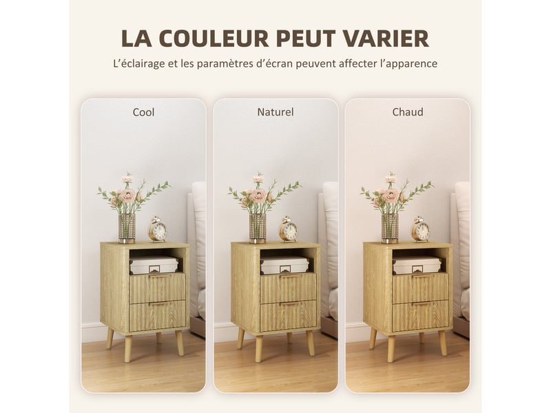  Lot de 2 tables de chevet, tables de nuit avec 2 tiroirs et compartiment ouvert, coins arrondis, chêne, 40 x 40 x 61 cm  - Conforama W