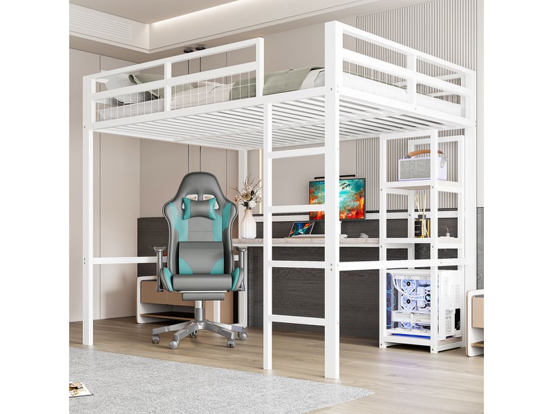  Lit mezzanine enfant 140x200 cm, bureau, étagère, charge, garde-corps, sommier, métal blanc, sans matelas  - Conforama W