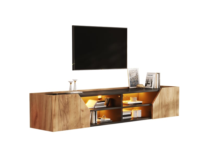  Meuble tv mural 180x36,5x40 cm avec led bluetooth, 2 portes, noir et effet bois  - Conforama A