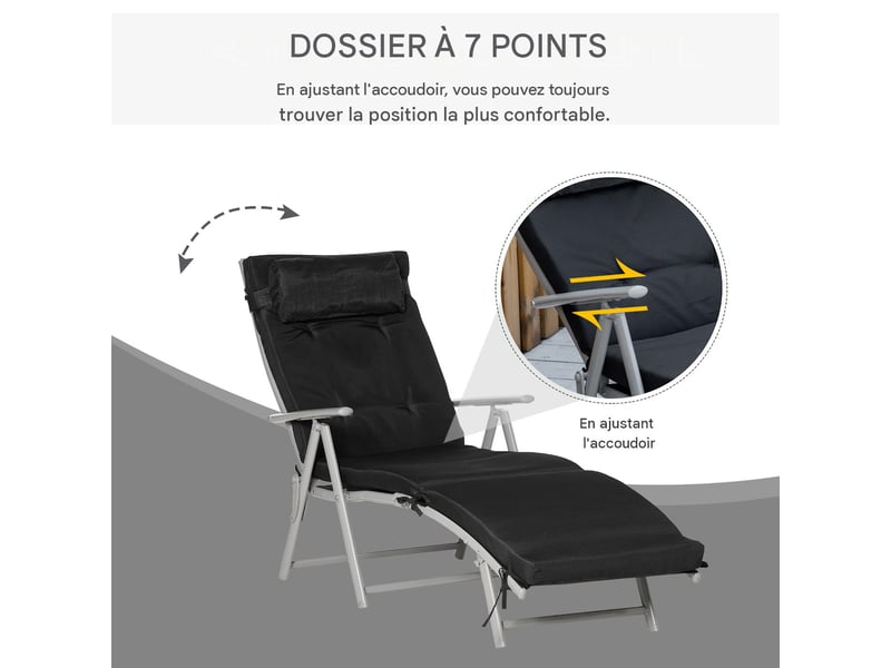  Bain de soleil pliable dossier réglable textilène noir 137 x 63.5 x 100.5 cm  - Conforama D