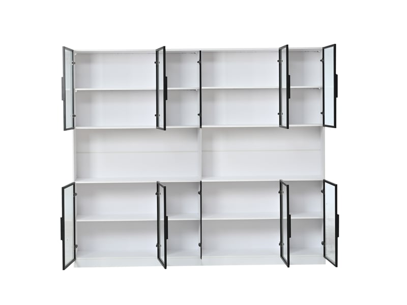 Vitrine blanche 240×34×200 cm avec led, 12 portes, espace ouvert et grand rangement multifonctionnel - Conforama E