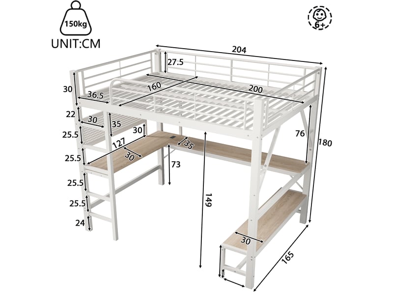  Lit mezzanine 160x200 cm blanc en métal avec bureau, led, usb et type-c, rangements pratiques, sans matelas  - Conforama C