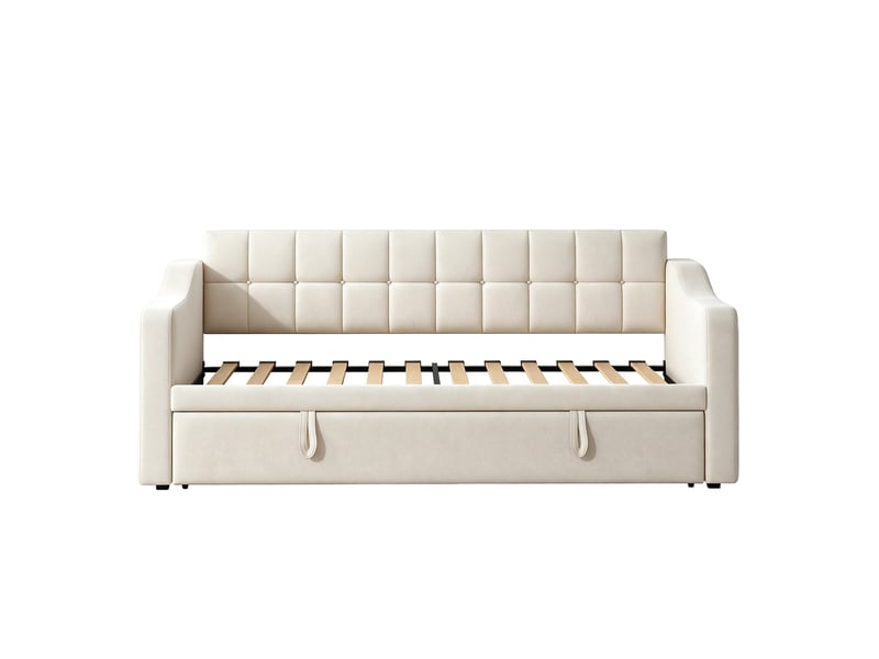 Lit banquette 90×180×190 cm avec prise et poche de rangement, velours beige - Conforama A