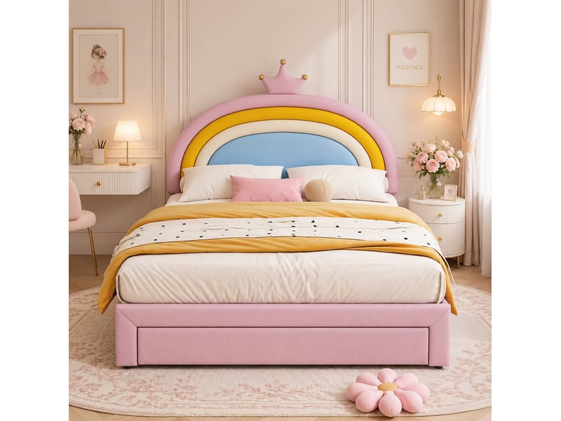  Lit avec rangement enfant 140x200 cm rose avec tiroir et tête de lit réglable  - Conforama B