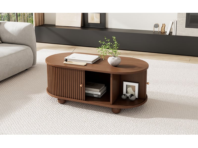  Table basse 100x50x40 cm couleur noyer mdf avec rangement et porte coulissante 360 degrés evarich - Conforama E