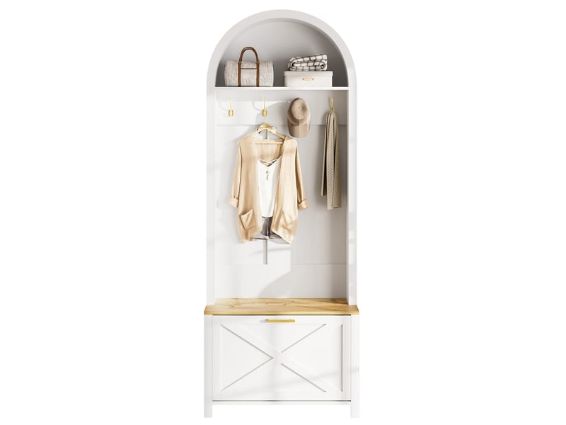  Meubles d'entrée avec porte-manteaux, étagère et rangement à chaussures, pour hall, mdf blanc et bois, 75 × 35 × 195 cm  - Conforama A