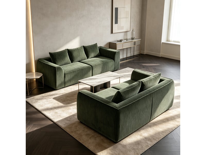  Canapé droit épuré en velours côtelé, silhouette fine, dossier en pente douce, 5 coussins, vert  - Conforama D