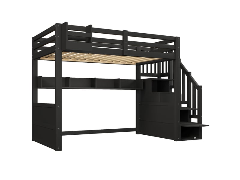 Lit mezzanine 90 x 200 cm, avec rangement, éclairage led et escalier, noir  - Conforama E