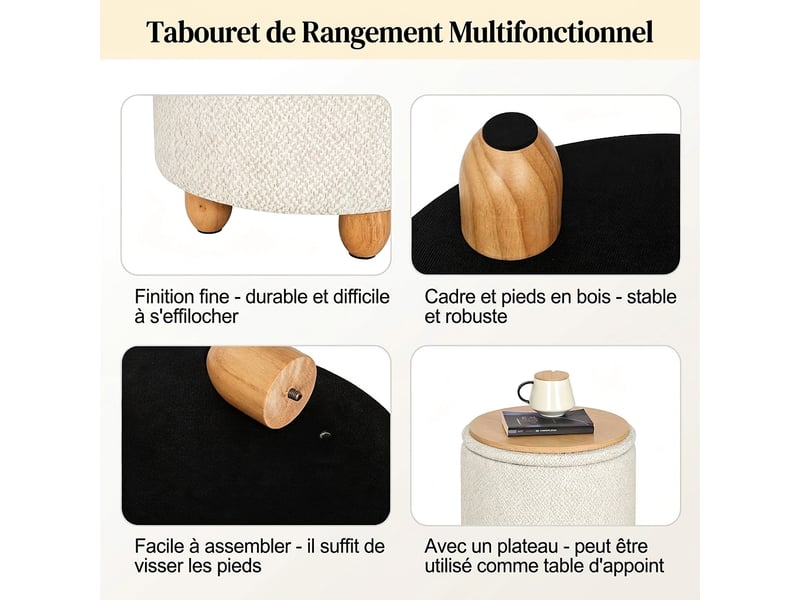  Pouf de rangement rond blanc crème en lin avec plateau en bois, 39x39x33 cm  - Conforama D