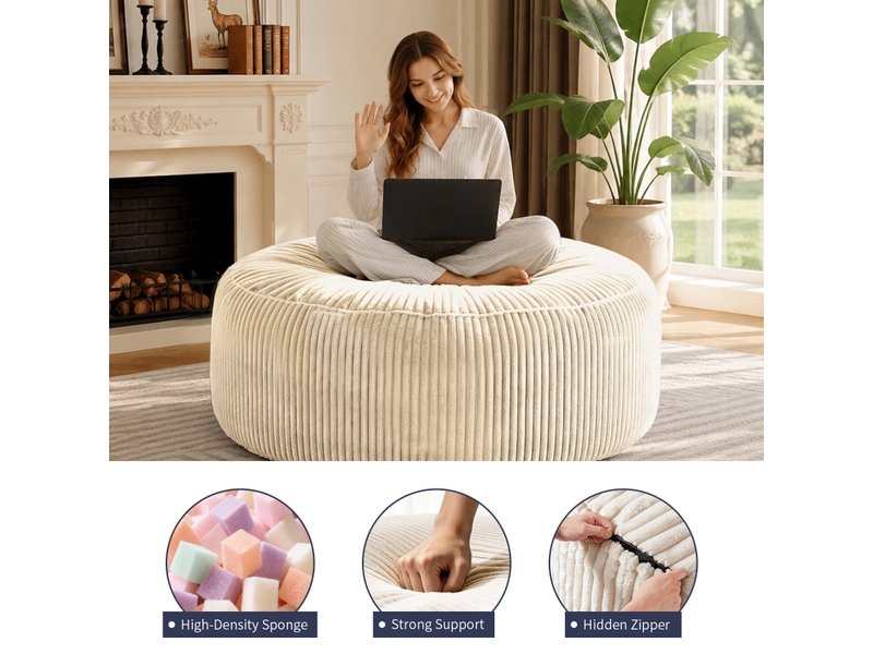 Fauteuil simple - 143x55cm - fauteuil pouf géant poire en mousse mémoire et tissu corduroy doux - beige - Conforama D