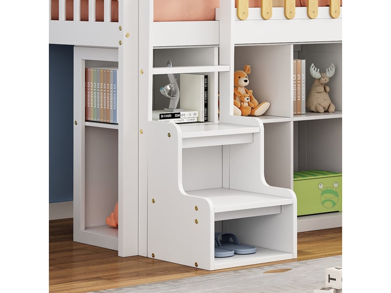  Lit mezzanine enfant 90 x 200 cm avec armoire et rangements, toit cabane et fenêtre, pin et mdf, blanc et naturel  - Conforama W