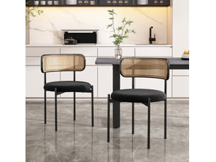 Chaise de salle à manger lot de 2 avec dossier en rotin, assise en velours et pieds en métal noir