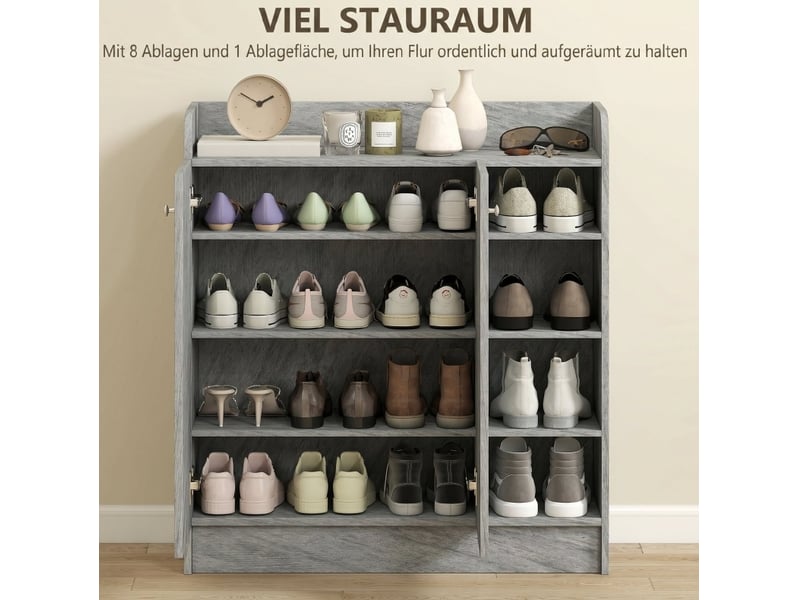  Meuble à chaussures 83x30x90 cm, 2 portes et 4 compartiments ouverts, panneau de particules et mdf, gris  - Conforama D