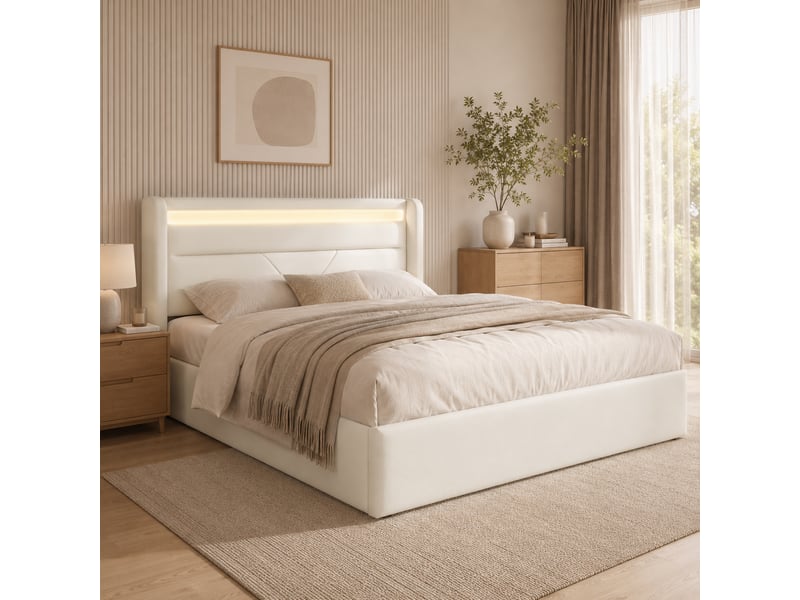  Lit coffre 140x200 cm rembourré avec rangement hydraulique, lit double avec tête de lit led télécommande, sommier à lattes inclus, pu - blanc  - Conforama B
