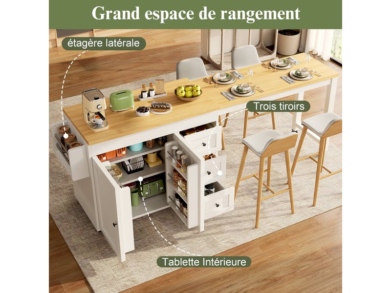 Îlot de cuisine extensible 116 à 179,5 x 45 x 89 cm avec plateau coulissant, 3 tiroirs, rangements latéraux et roulettes, blanc - Conforama D