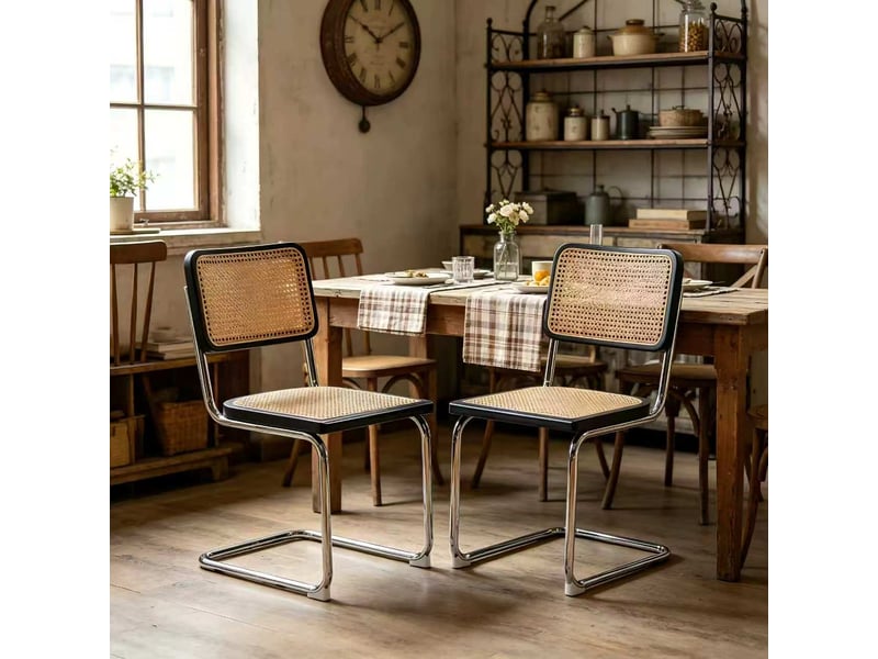  Lot de 2 chaises de salle à manger cantilever 53x46,4x84,6 cm, dossier en cannage rotin, assise rembourrée, piètement chromé, noir et bois  - Conforama B
