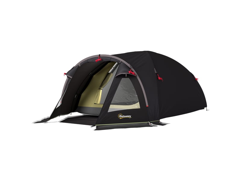  Tente de camping 2 places légère et stable avec protection uv 50+, tente tunnel avec auvent, porte latérale et fenêtre, noire  - Conforama B
