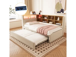Lit banquette rembourré 90x200 cm avec lit gigogne 90x190 cm, rangements, led, usb, usb-c et prise électrique, sommier à lattes, flanelle beige