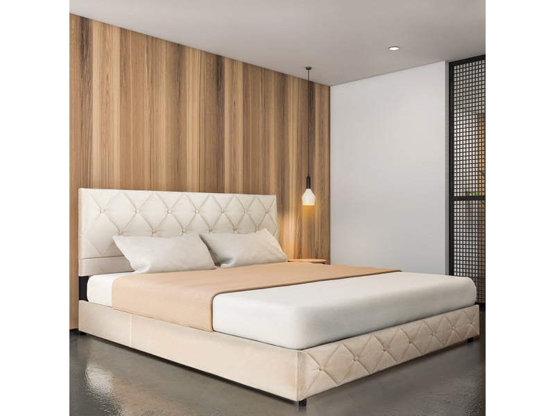 Lit coffre 140x200 cm velours beige, tête de lit capitonnée, ouverture hydraulique, sommier à lattes inclus - Conforama E