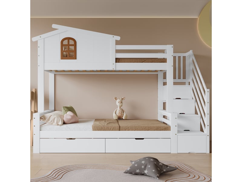  Lit superposé enfant 90 x 200 + 120 x 200 cm avec 2 tiroirs sur roulettes, escalier d’angle avec rangements, fenêtres, pinmdf, blanc et naturel  - Conforama B