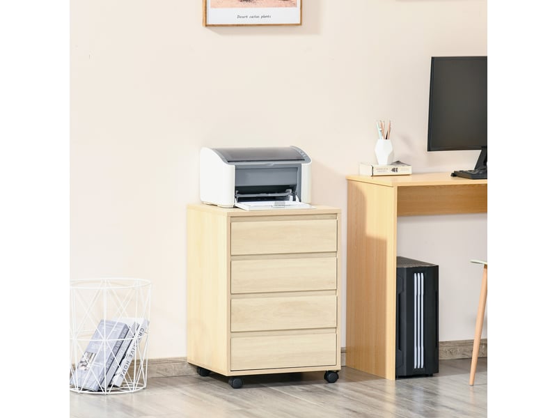  Caisson de bureau, rangement bureau sur roulettes, naturel, 4 tiroirs coulissants en bois  - Conforama D