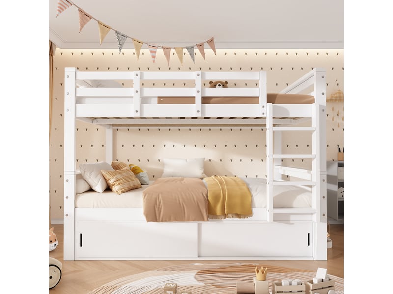 Lit superposé enfant 140x200 cm - 2 lits séparables, portes coulissantes et échelle - pin et mdf - blanc CozyNest - Conforama E