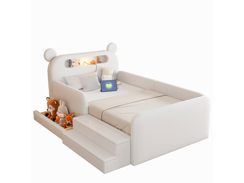 Lit enfant, 90x200 cm, avec tête de lit ours, lit 1 place, recharge, rangement, matelas non inclus, pu, coloris blanc - Conforama A