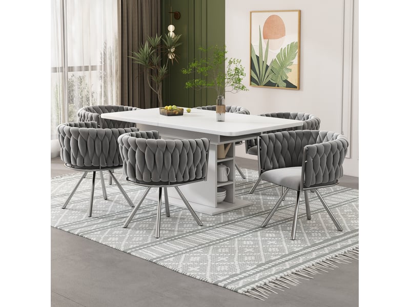  Chaise de salle à manger pivotante, lot de 6, dossier incurvé et pieds en acier, en velours gris et argenté  - Conforama B