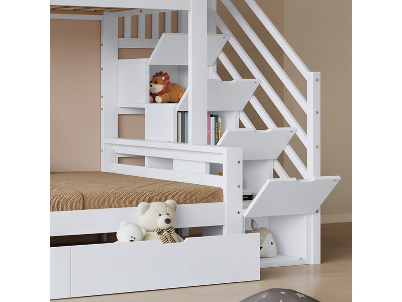  Lit superposé enfant 200×90 cm et 200×120 cm avec 2 tiroirs à roulettes et escalier de rangement, sans matelas, blanc et naturel  - Conforama C