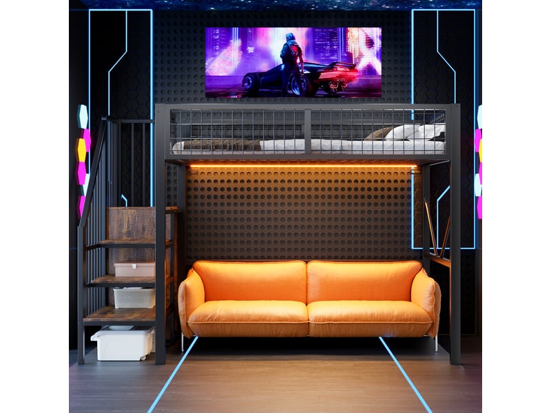  Lit mezzanine 90x200 cm en métal avec échelle de rangement, éclairage led, garde-corps sécurisé et espace bureau ou canapé sous le lit - noir  - Conforama D
