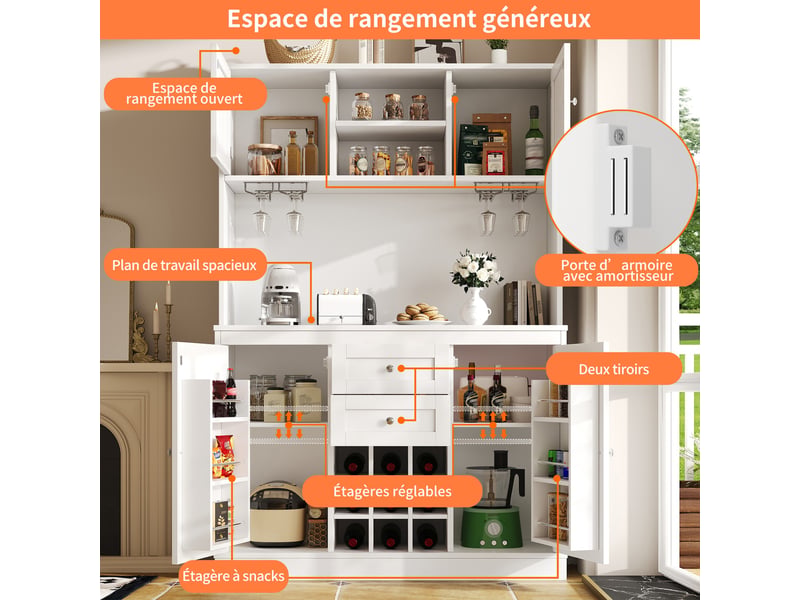 Buffet haut cuisine - étagères réglables-porte-bouteilles- 4 portes et 2 tiroirs- meuble rangement blanc 124x40x188 cm - Conforama B