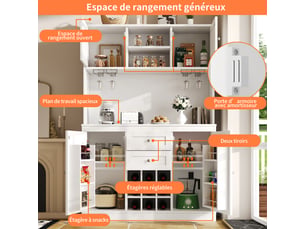 Buffet haut cuisine - étagères réglables-porte-bouteilles- 4 portes et 2 tiroirs- meuble rangement blanc 124x40x188 cm