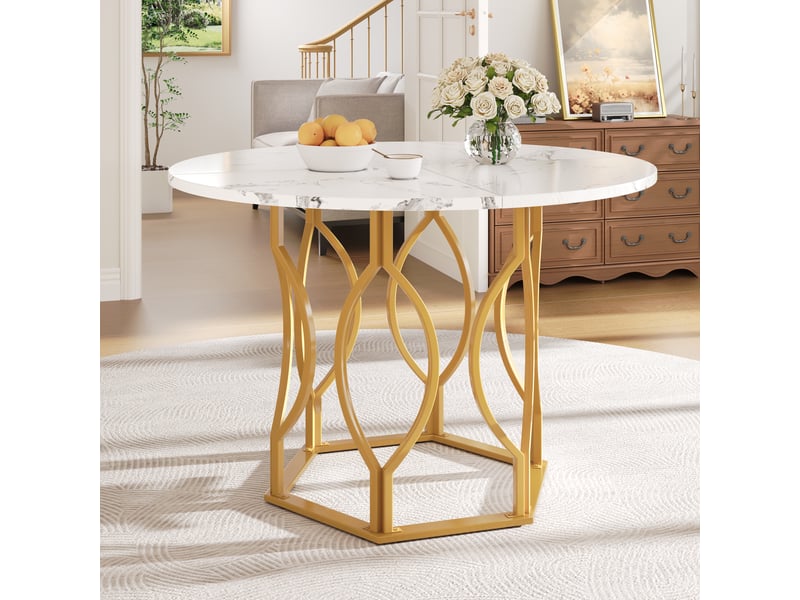  Table de salle à manger ronde pour 4 en mdf et métal 100×100×76 cm blanc et doré  - Conforama B