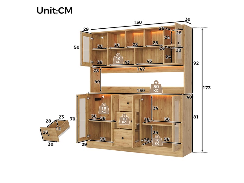  Buffet haut de cuisine 150x40x173 cm avec led rgb, 2 prises et 2 usb, 6 portes en acrylique, 3 tiroirs, étagères réglables, mdf effet bois naturel  - Conforama D