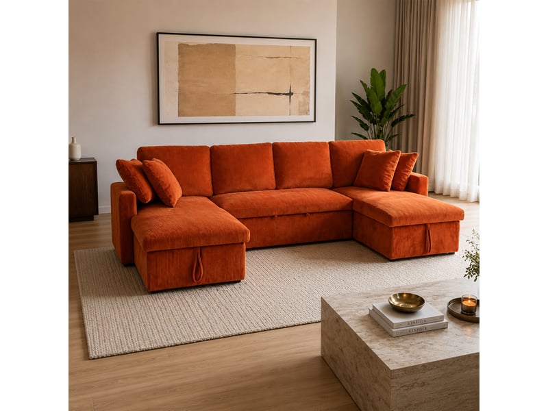 Canapé panoramique convertible 4 places en velours côtelé avec coffre - terracotta mahé - Conforama C