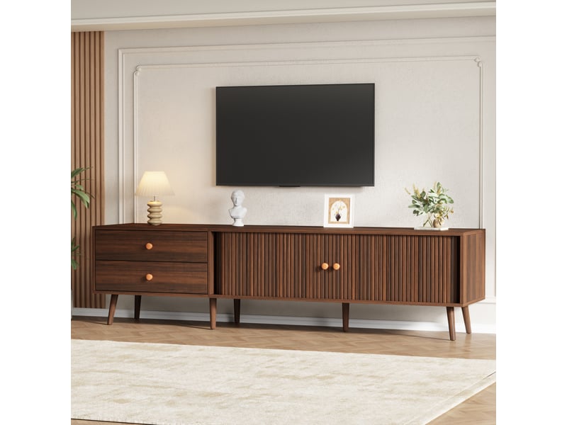  Meuble tv 180 cm noyer avec 2 tiroirs et portes coulissantes - pour tv jusqu'à 80 pouces  - Conforama E