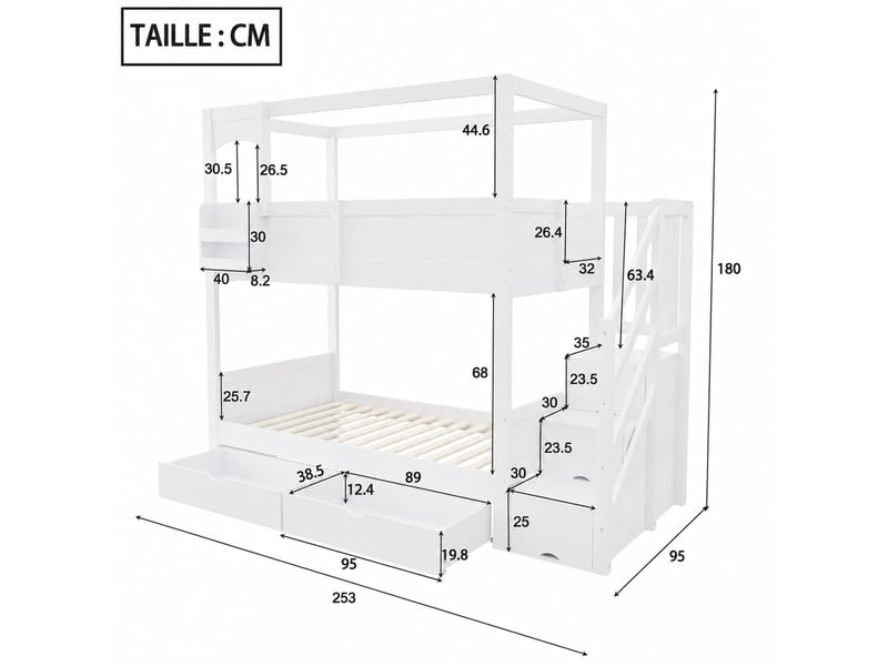  Lit superposé 90x200 cm, lit 2 places en bois avec 2 tiroirs, échelle à rangements et tableau, sans matelas  - Conforama D