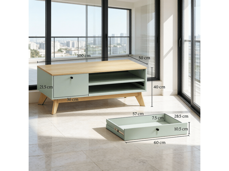 Table basse rangement table de salon tiroir intégré porte de rangement et compartiment ouvert - Conforama C
