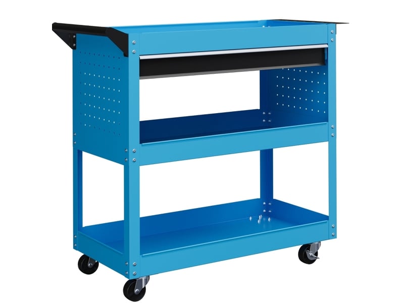 Servante à outils 82 x 35 x 76 cm bleue en métal, 3 niveaux, tiroir et 4 roulettes avec freins - Conforama A