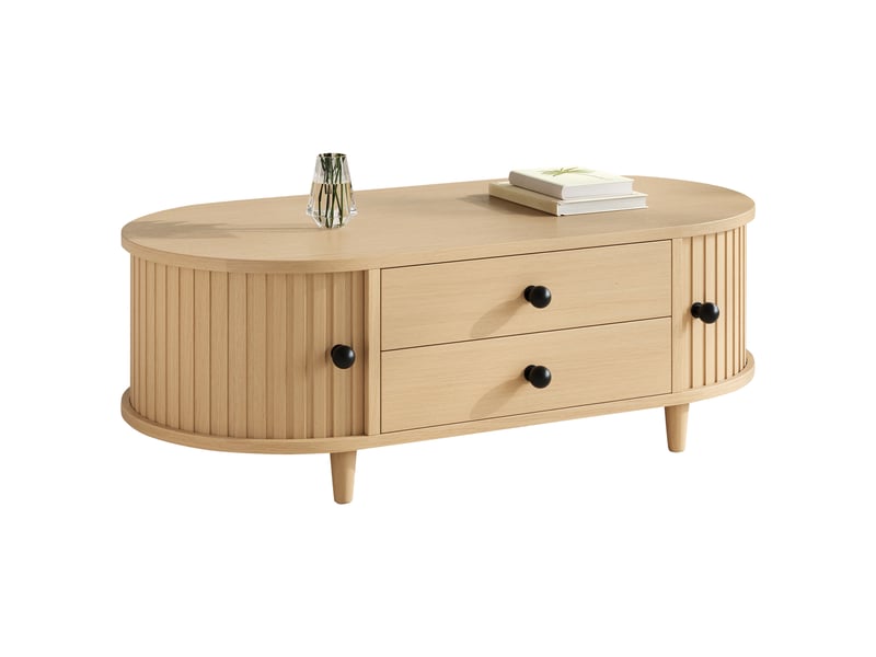  Table basse bois clair avec portes coulissantes et 2 tiroirs, pieds en bois massif, 100x50x36 cm  - Conforama E