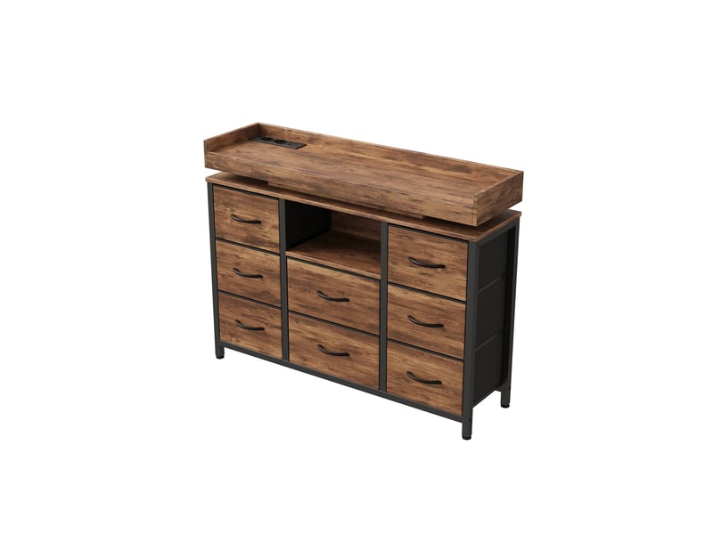  Commode 8 tiroirs rétro 108x30x82 cm, buffet, motif bois, led, port usb, en acier, bois et tissu, couleur bois foncé  - Conforama E