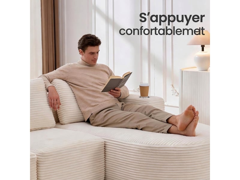  Canapé 2 places velours côtelé beige avec porte-gobelets 265 cm - compact et assise moelleuse  - Conforama R