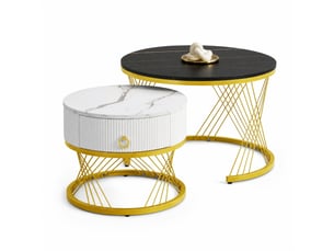 Tables basses gigognes avec tiroir et pieds réglables pour salon en mdf 70×70×45 et 50×50×40 cm noir et doré