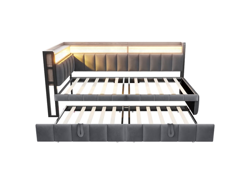 Lit gigogne 90 x 200 cm gris foncé en velours, couchage d'appoint avec led et ports usb type-c intégrés - Conforama E