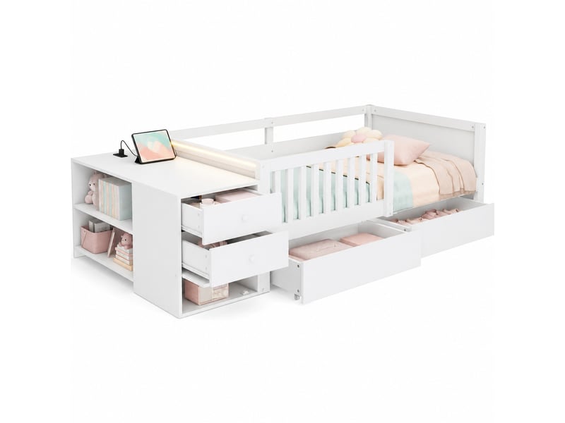  Lit mezzanine 90x200 cm rangement, prise et led en métal contreplaqué et mdf blanc  - Conforama A