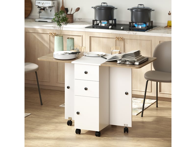  Table de cuisine pliable table à manger pliante 2 plateaux rabattables avec 2 tiroirs 1 placard blanc et chêne  - Conforama C